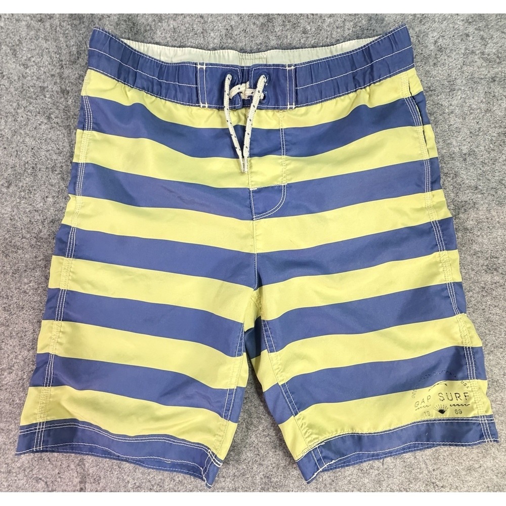 Gap Kids Surf Swim Trunks Blue Yellow Stripe Elastic Waist Drawstring XXL 14 16